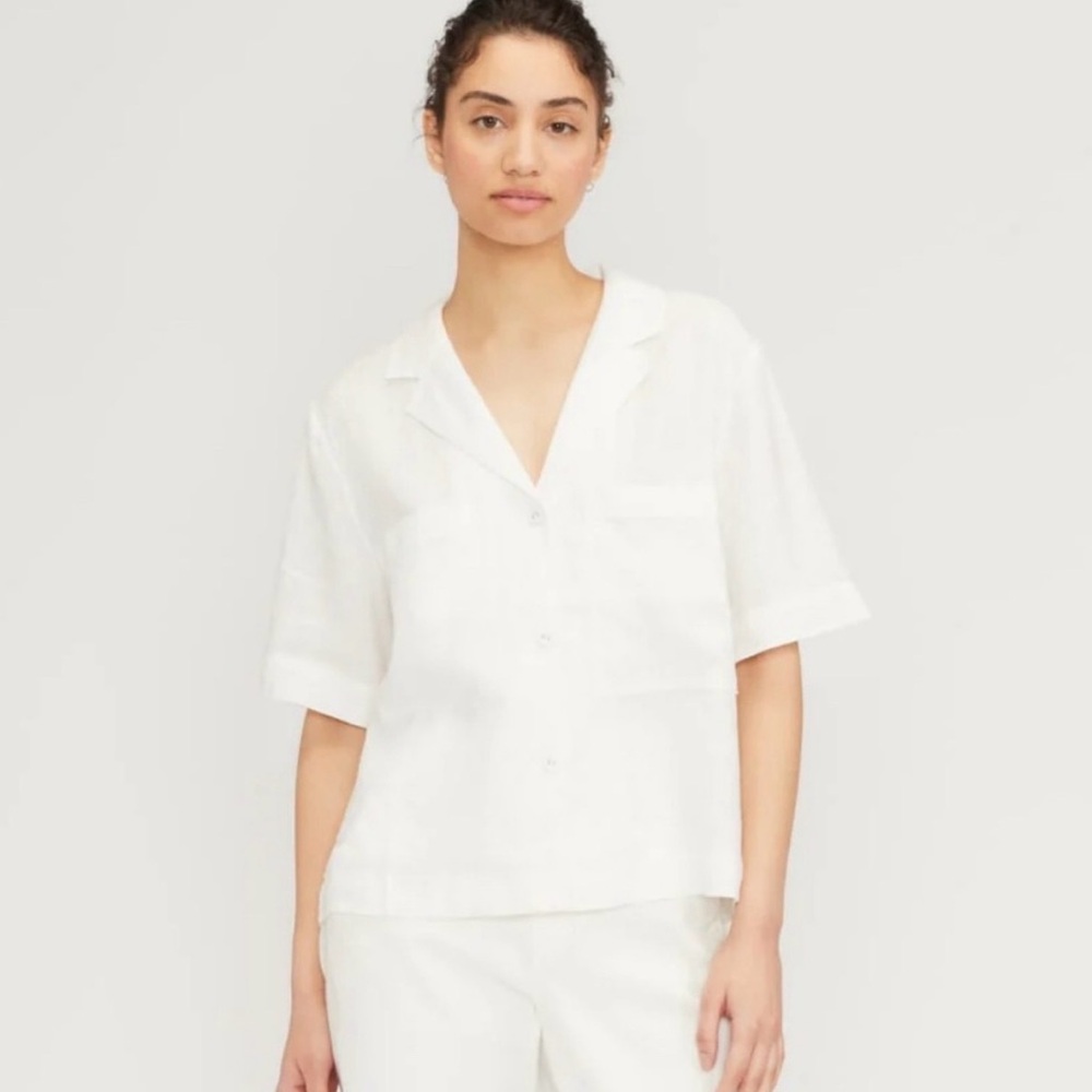 Everlane THE LINEN‎ WORKWEAR SHIRT Women's White Short Sleeve Top Size Large